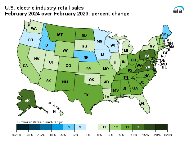 map showing U.S. electric industry percent change in retail sales