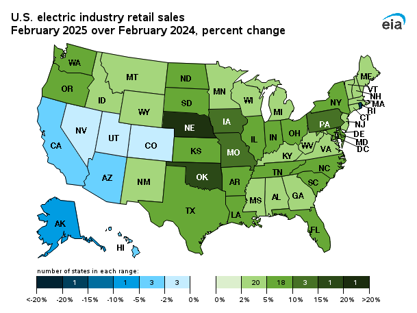 map showing U.S. electric industry percent change in retail sales