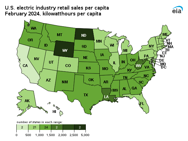 map showing U.S. electric industry per capita retail sales