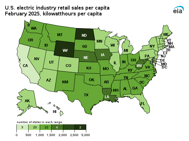 map showing U.S. electric industry per capita retail sales