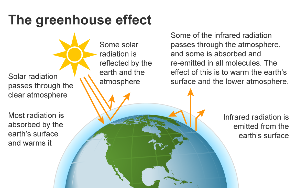 Image of the Earth showing the steps involved in the Greenhouse Effect. 1. Solar radiation passes through the clear atmosphere.  2. Most radiation is absorbed by the Earth's surface and warms it.  3. Some solar radiation is reflected by the Earth and the atmosphere.  4. Some of the infrared radiation passes through the atmosphere, and some is absorbed and re-emitted in all directions by greenhouse gas molecules. The effect of this is to warm the Earth's surface and the lower atmosphere.  5. Infrared radiation is emitted from the Earth's surface.