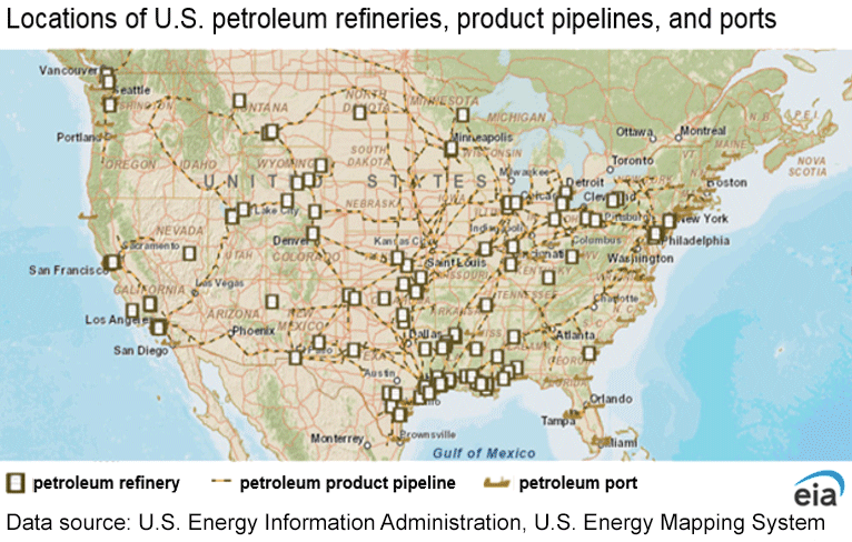 A map of the United States locations of petroluem refineries, pipelines, and ports.