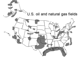 Map of U.S. oil and natural gas fields showing onshore and offshore fields. Source: National Energy Education Development Project