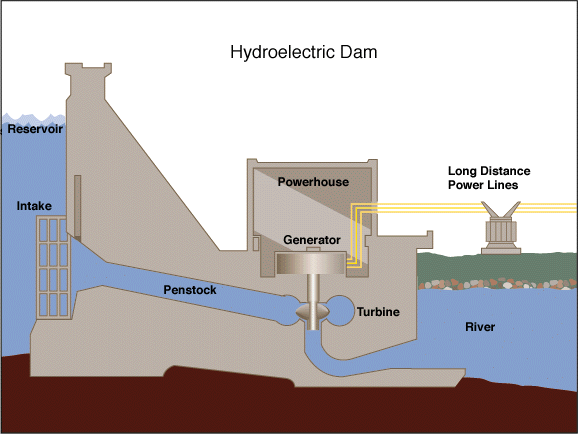 Image of how a hydropower plant works. The water flows from behind the dam through penstocks, turns the turbines, and causes the generators to generate electricity. The electricity is carried to users by a transmission line. Other water flows from behind the dam over spillways and into the river below.