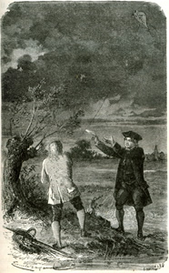 engraving of Benjamin Franklin pflying a kite