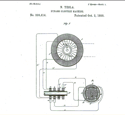 image of Nikola Tesla's Patent #390,414 on the dynamo electric machine