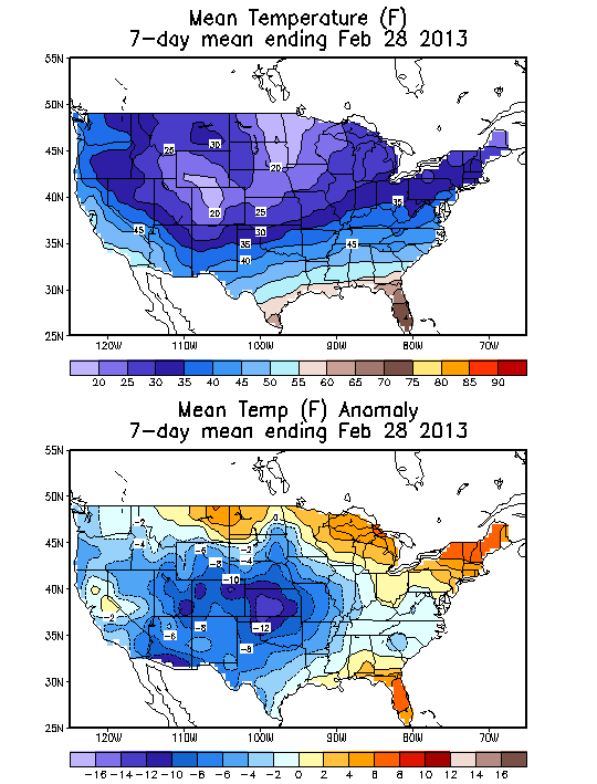 Mean Temperature Anomaly (F) 7-Day Mean ending Feb 28, 2013