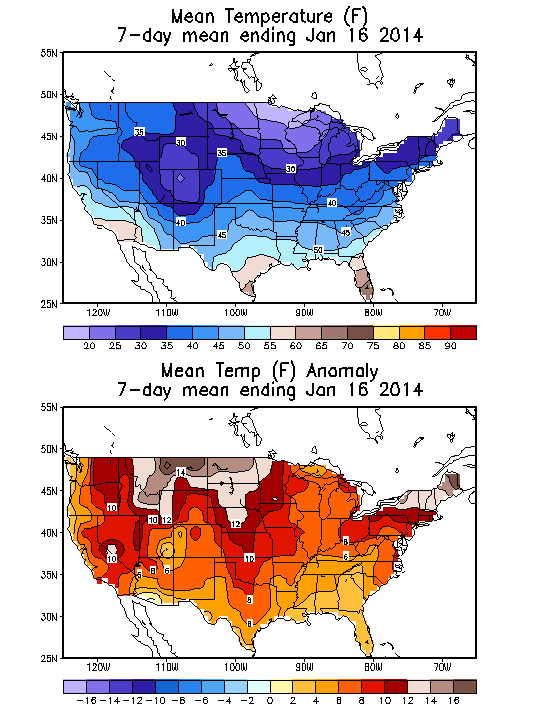 Mean Temperature (F) 7-Day Mean ending Jan 16, 2014