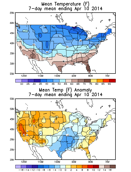 Mean Temperature (F) 7-Day Mean ending Apr 10, 2014