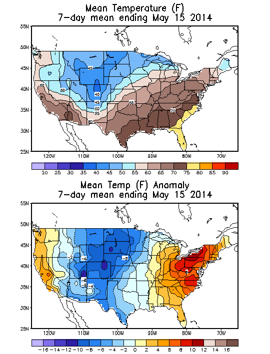 Mean Temperature (F) 7-Day Mean ending May 15, 2014