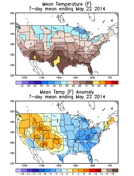 Mean Temperature (F) 7-Day Mean ending May 22, 2014