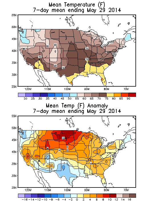 Mean Temperature (F) 7-Day Mean ending May 29, 2014