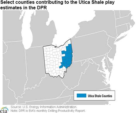 Select counties contributing to the Utica Shale play estimates in the DPR