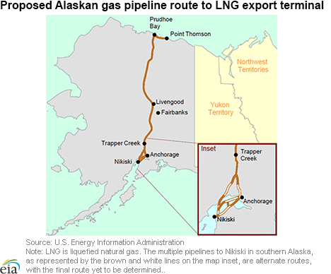 Proposed Alaskan gas pipeline route to LNG export terminal 