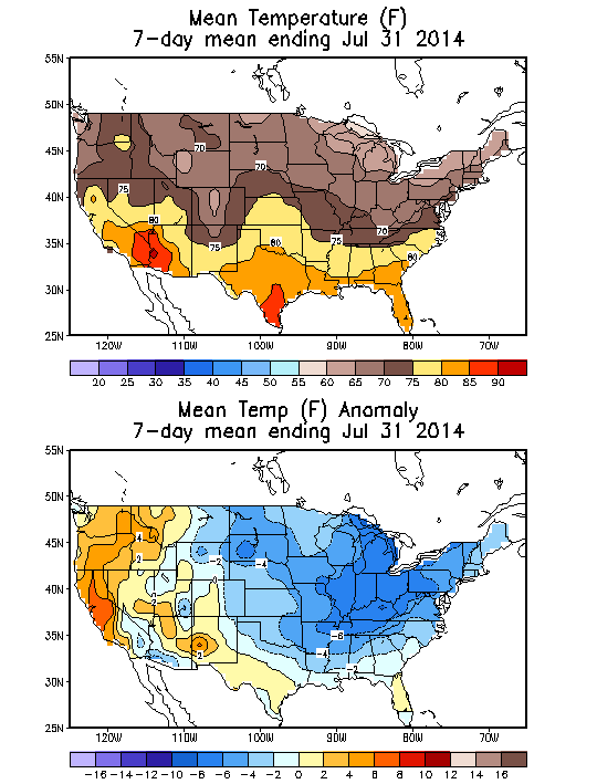 Mean Temperature (F) 7-Day Mean ending Jul 31, 2014