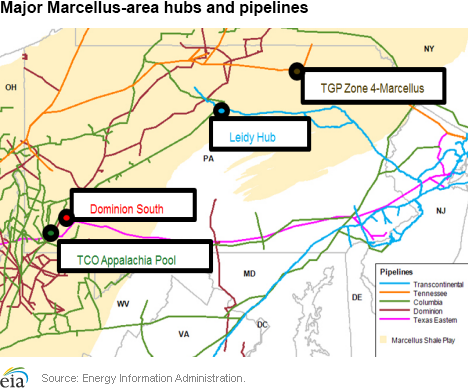 Major Marcellus-area hubs and pipelines