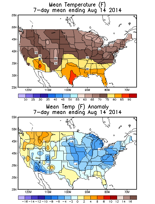 Mean Temperature (F) 7-Day Mean ending Aug 14, 2014