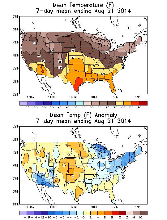 Mean Temperature (F) 7-Day Mean ending Aug 21, 2014