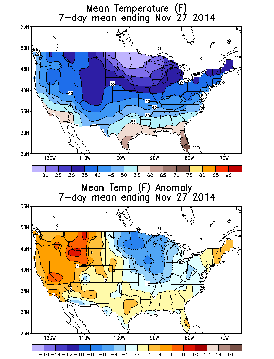 Mean Temperature Anomaly (F) 7-Day Mean ending Nov 27, 2014