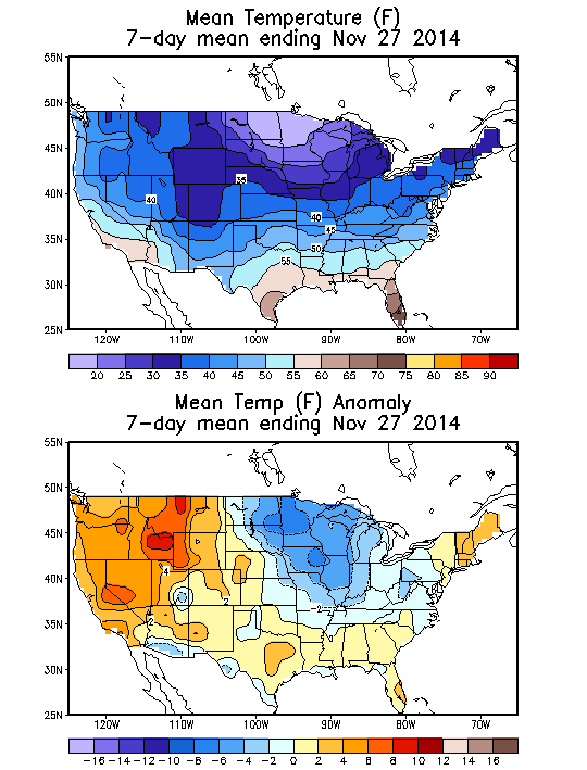 Mean Temperature (F) 7-Day Mean ending Nov 27, 2014