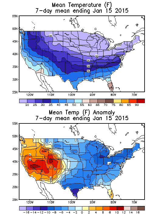 Mean Temperature Anomaly (F) 7-Day Mean ending Jan 15, 2015