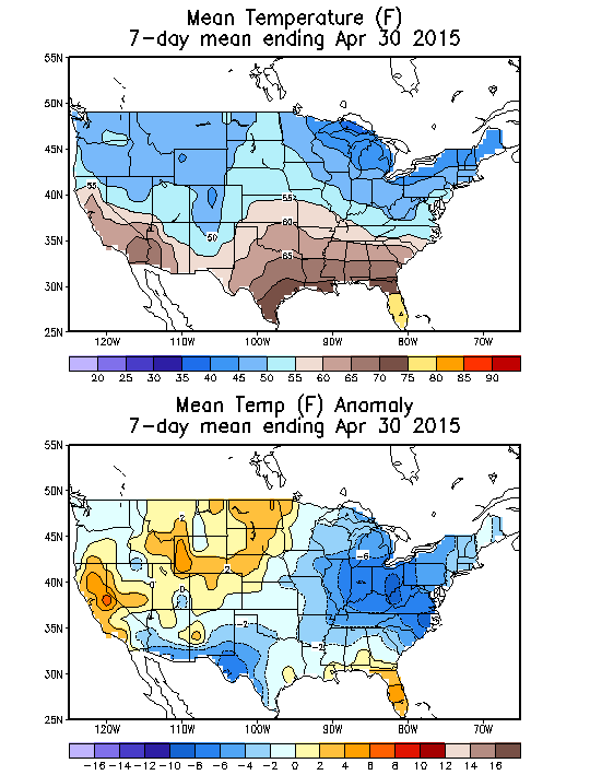 Mean Temperature (F) 7-Day Mean ending Apr 30, 2015