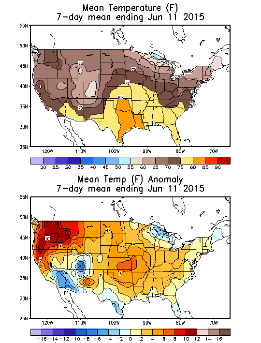Mean Temperature Anomaly (F) 7-Day Mean ending Jun 11, 2015