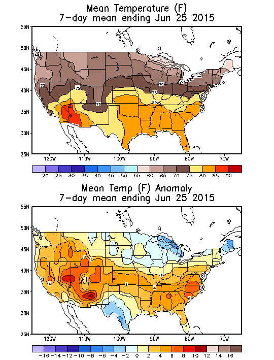 Mean Temperature Anomaly (F) 7-Day Mean ending Jun 25, 2015