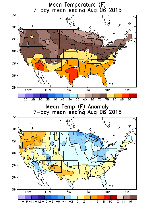 Mean Temperature Anomaly (F) 7-Day Mean ending Aug 06, 2015