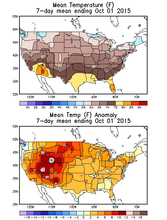 Mean Temperature Anomaly (F) 7-Day Mean ending Oct 01, 2015