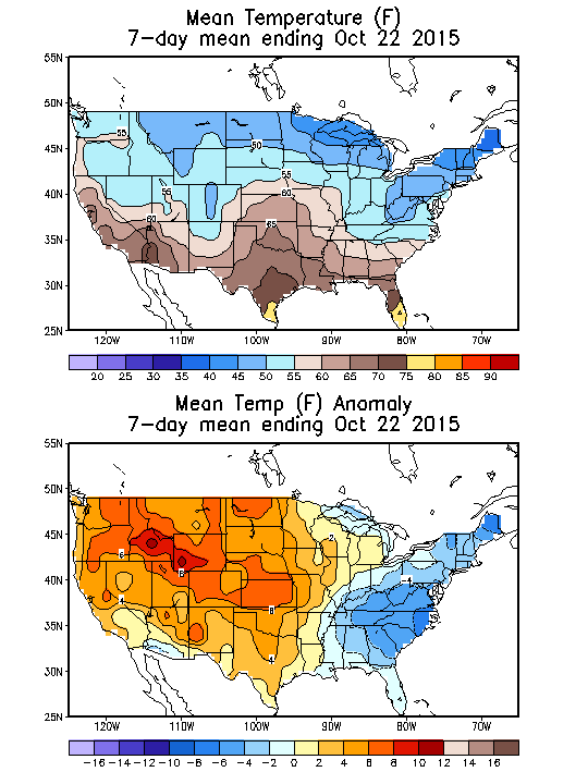 Mean Temperature Anomaly (F) 7-Day Mean ending Oct 22, 2015