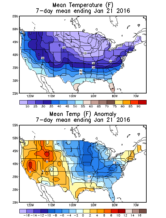 Mean Temperature (F) 7-Day Mean ending Jan 21, 2016