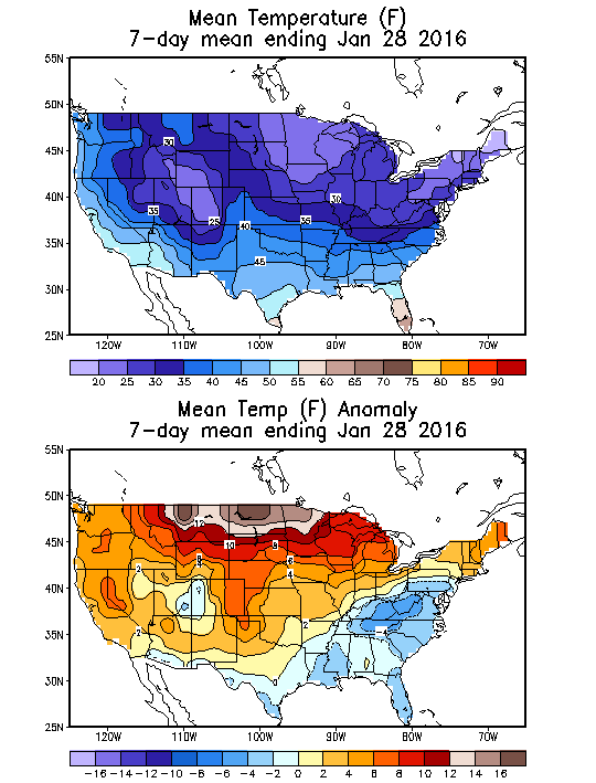 Mean Temperature (F) 7-Day Mean ending Jan 28, 2016