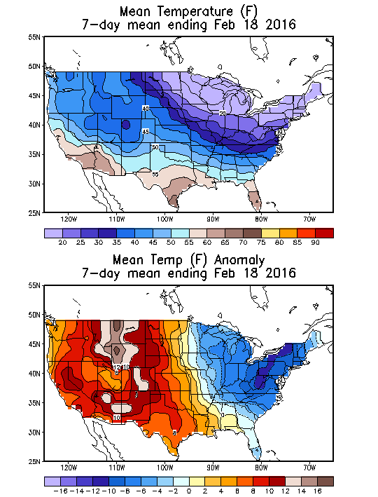 Mean Temperature (F) 7-Day Mean ending Feb 18, 2016