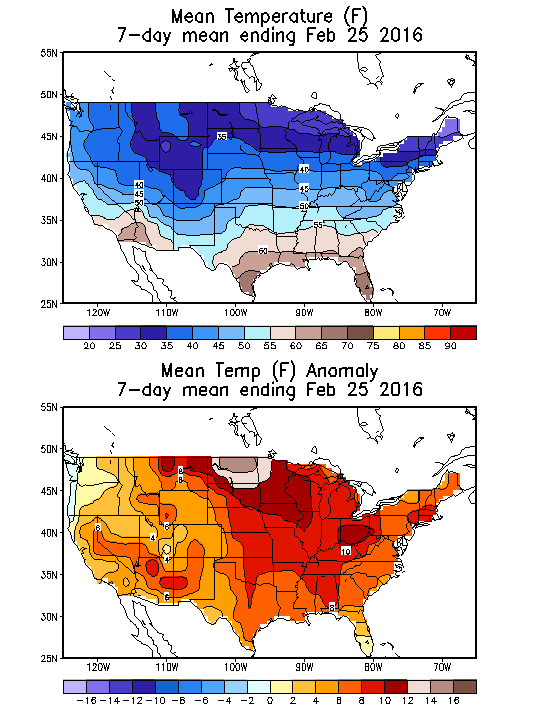 Mean Temperature (F) 7-Day Mean ending Feb 25, 2016