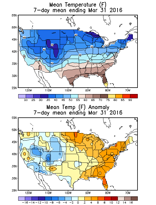 Mean Temperature (F) 7-Day Mean ending Mar 31, 2016