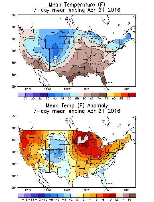 Mean Temperature (F) 7-Day Mean ending Apr 21, 2016