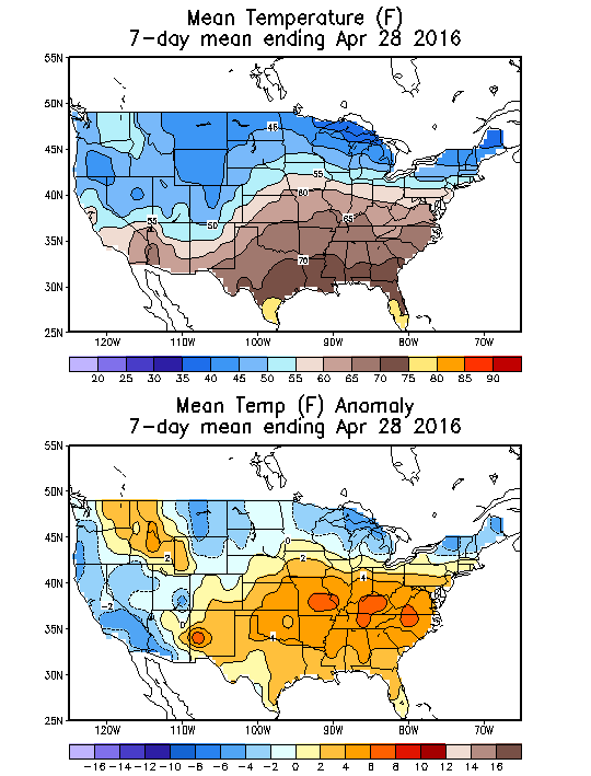 Mean Temperature (F) 7-Day Mean ending Apr 28, 2016