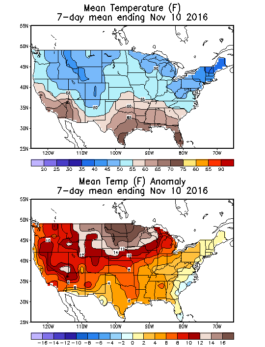 Mean Temperature (F) 7-Day Mean ending Nov 10, 2016