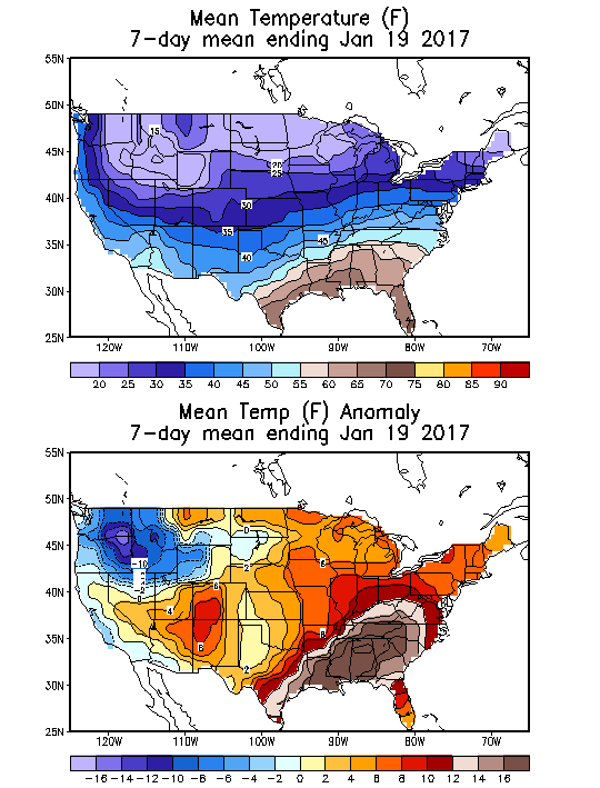 Mean Temperature (F) 7-Day Mean ending Jan 19, 2017