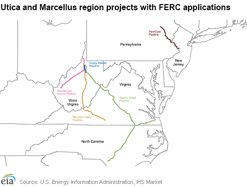 Map of Utica and Marcellus region projects with FERC applications