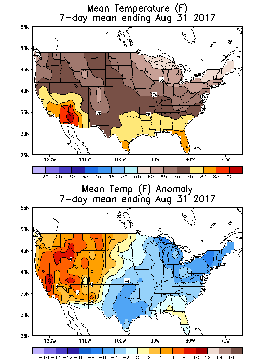 Mean Temperature (F) 7-Day Mean ending Aug 31, 2017