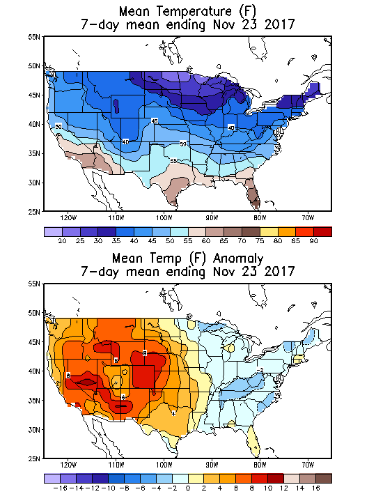 Mean Temperature (F) 7-Day Mean ending Nov 23, 2017