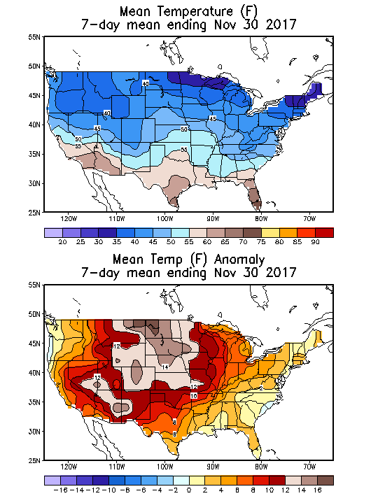 Mean Temperature Anomaly (F) 7-Day Mean ending Nov 30, 2017
