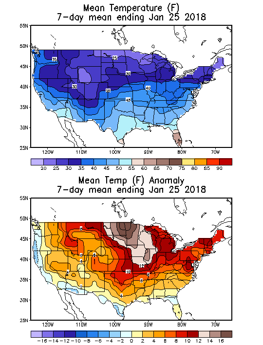 Mean Temperature (F) 7-Day Mean ending Jan 25, 2018