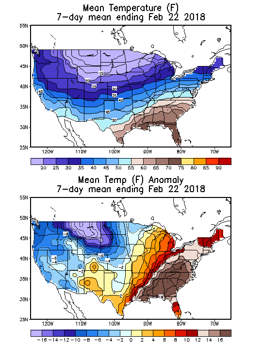 Mean Temperature Anomaly (F) 7-Day Mean ending Feb 22, 2018