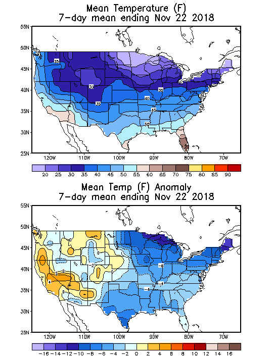 Mean Temperature Anomaly (F) 7-Day Mean ending Nov 22, 2018