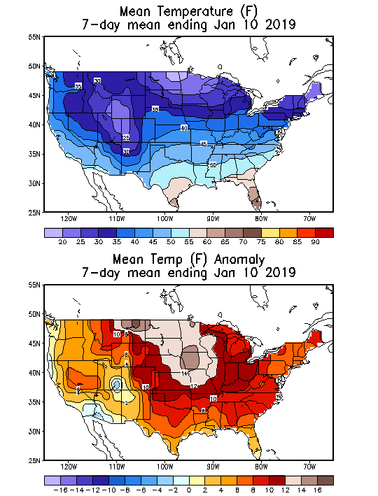 Mean Temperature (F) 7-Day Mean ending Jan 10, 2019