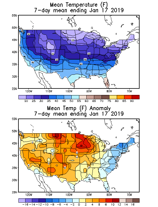 Mean Temperature Anomaly (F) 7-Day Mean ending Jan 17, 2019