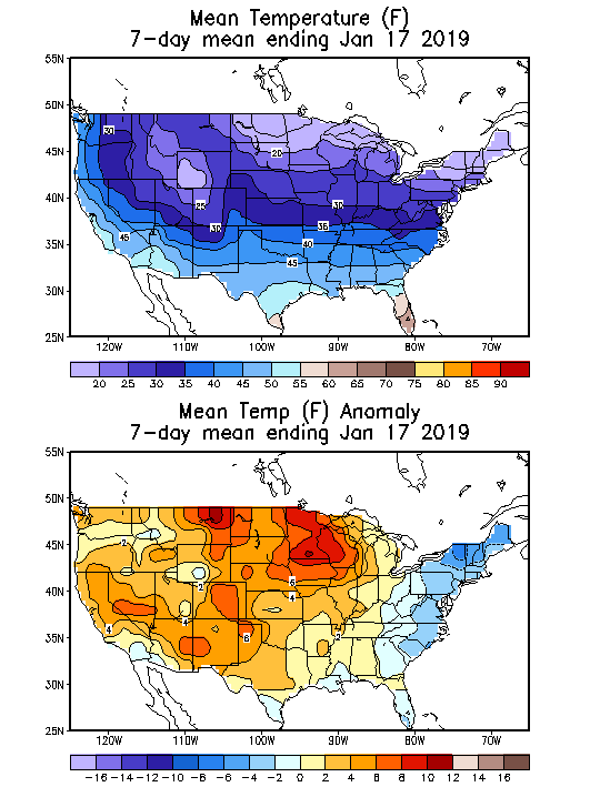 Mean Temperature (F) 7-Day Mean ending Jan 17, 2019